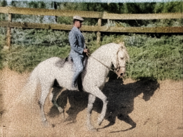 A colorized film still